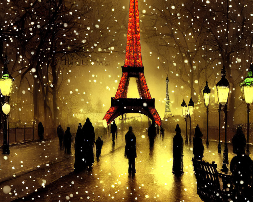 Snowy Paris Night: Eiffel Tower in Red Light, People Walking Under Street Lamps