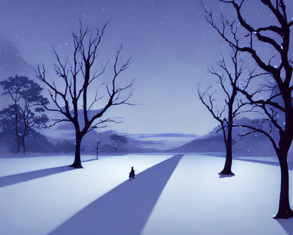 Snowy Night Landscape with Bare Trees, Figure, and Starry Sky