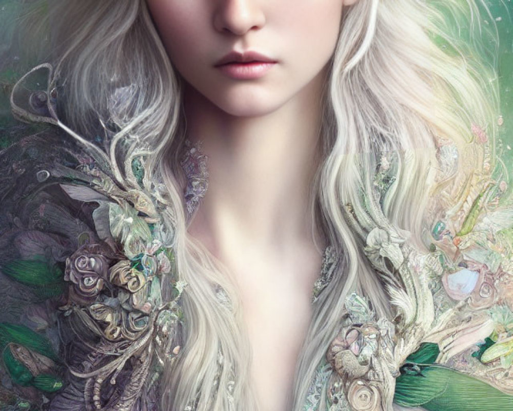 Digital portrait of a woman with pale skin and flowing hair in ethereal attire adorned with flowers and leaves