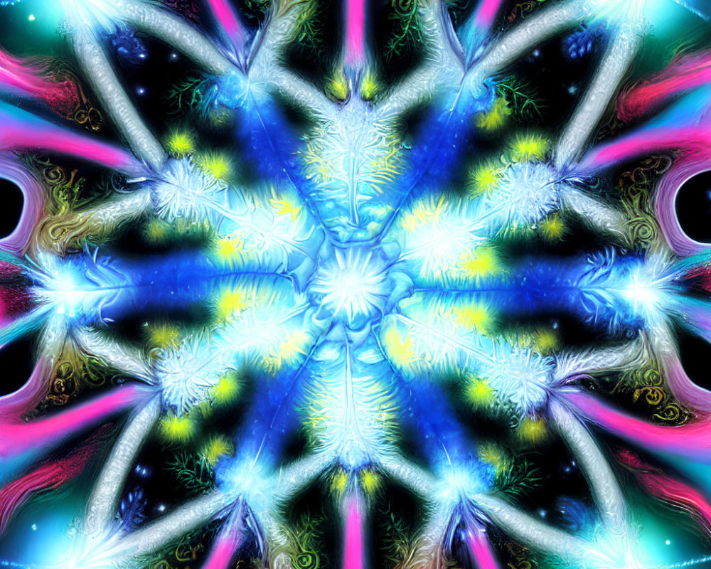 Symmetric kaleidoscopic image with neon colors and star-like patterns