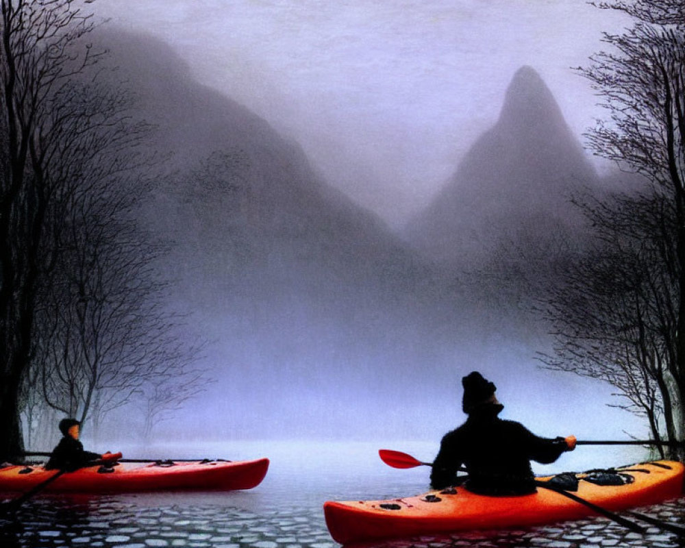 Kayaking on misty river with leafless trees and mountains.