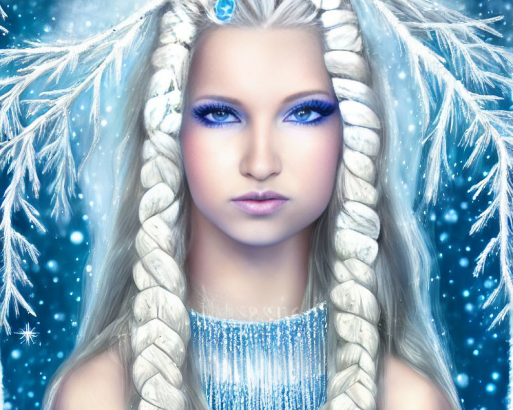 Pale-skinned woman with blue eyes and white braided hair in snowy scene