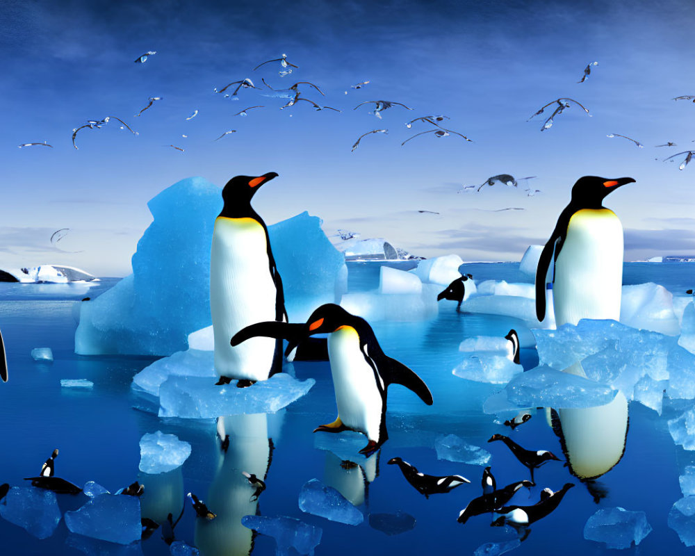 Penguins on Icebergs with Water Reflections and Blue Sky