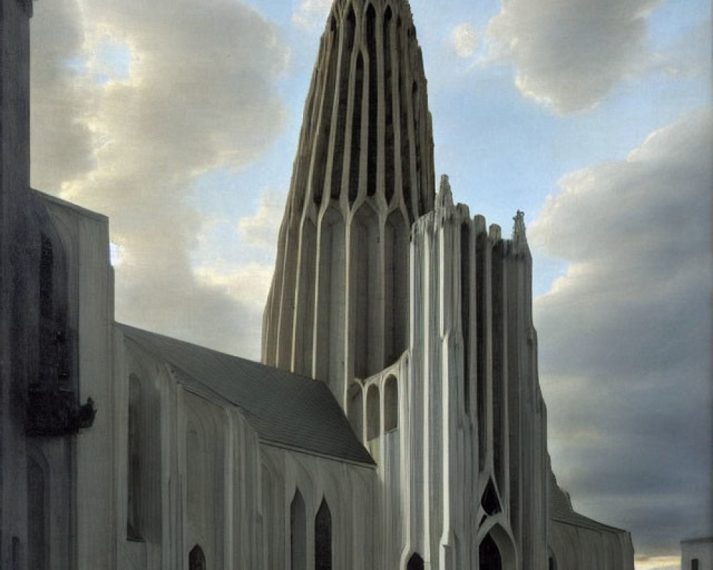 Gothic architecture church with pointed steeple under mixed sky