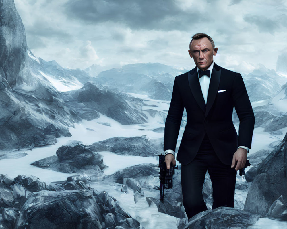 Man in Suit Holding Gun in Snowy Rocky Terrain with Mountains