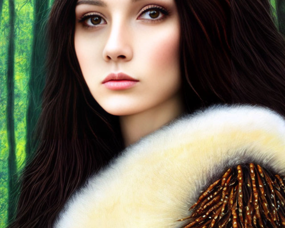 Portrait of woman with long dark hair in fur cloak against green forest