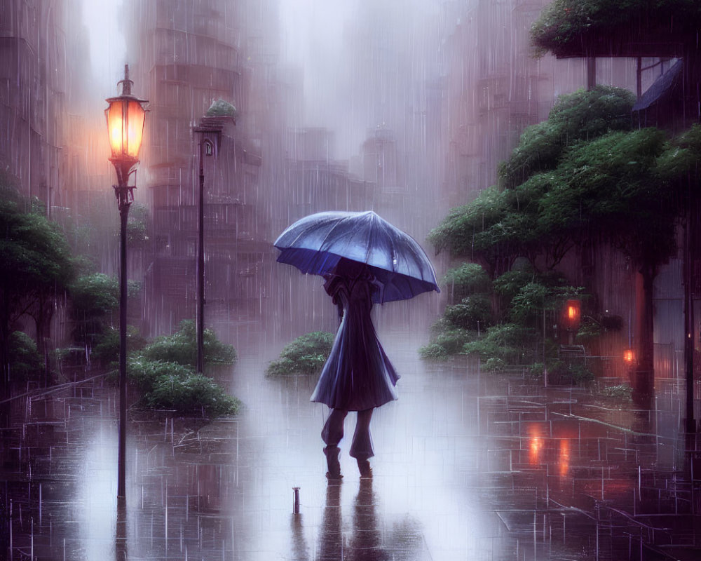 Person with blue umbrella on rain-soaked street under glowing street lamps