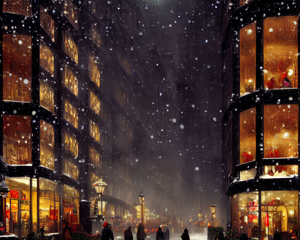 Victorian-era snowy night street scene with people and shops.