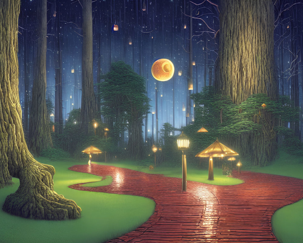 Enchanting night forest with glowing mushrooms, red brick path, streetlamp, large moon, and