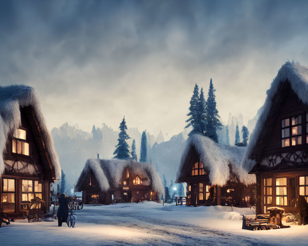 Scenic snow-covered village at dusk with mountains in the background