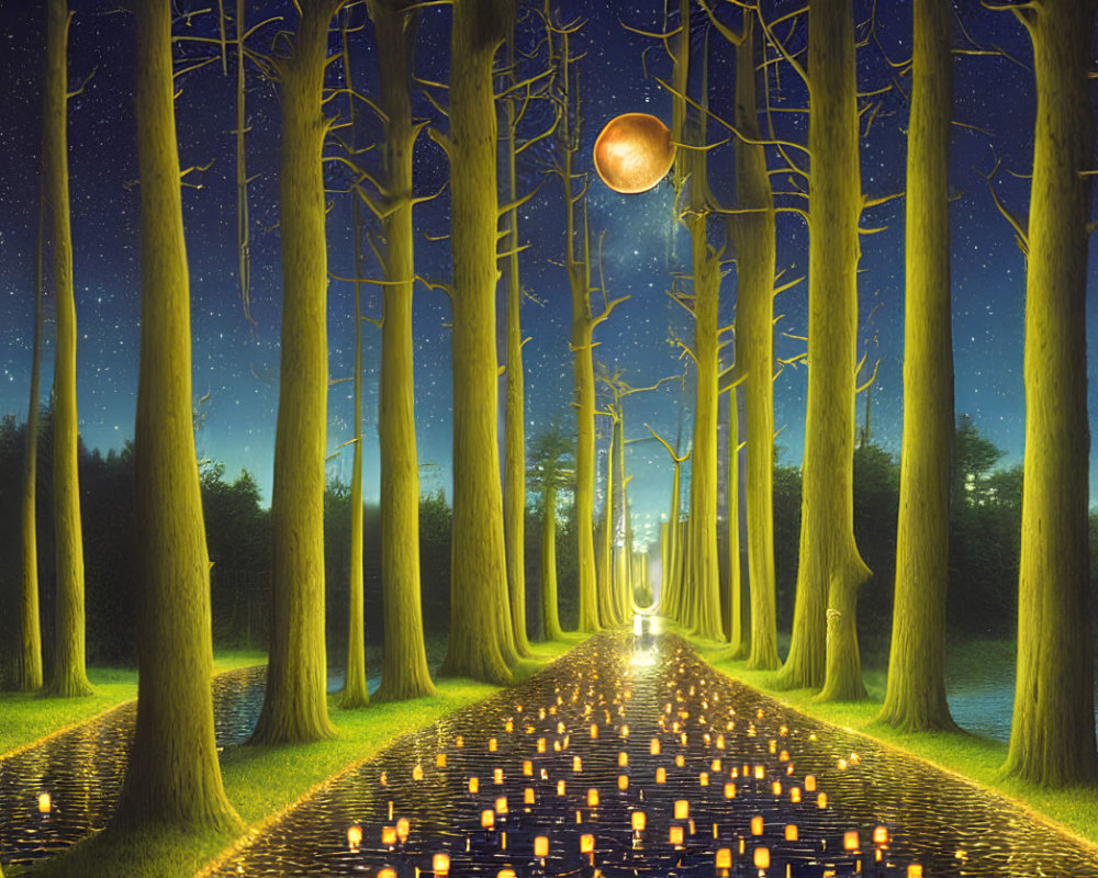 Enchanted forest pathway with tall trees, glowing candles, starry sky, and luminous moon