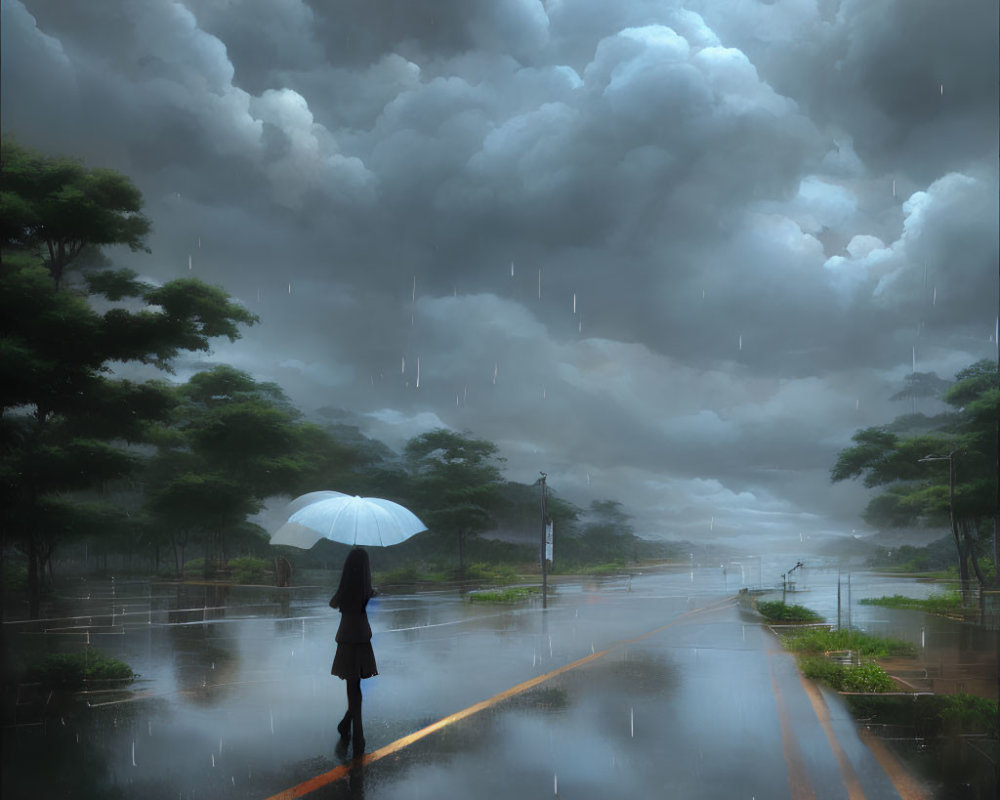 Person under umbrella in heavy rain on wet road with stormy clouds and lush trees