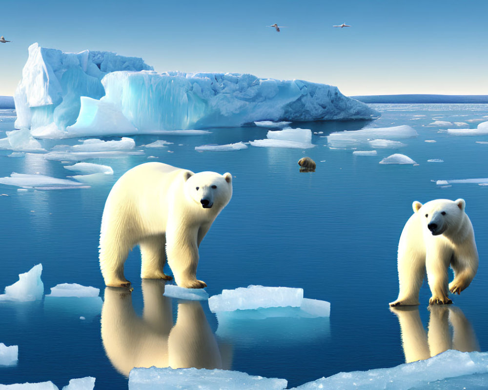 Polar bears on ice floes with iceberg under clear blue skies