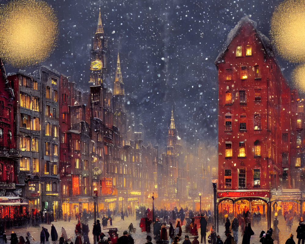 Urban winter night: busy street with falling snow and glowing buildings