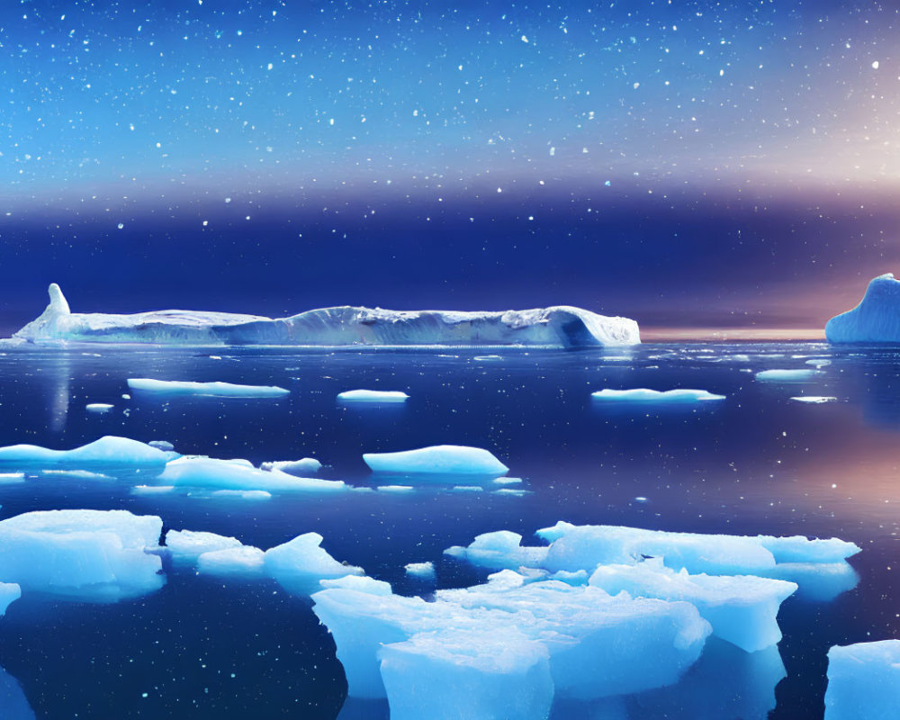 Arctic icebergs in calm waters under twilight sky