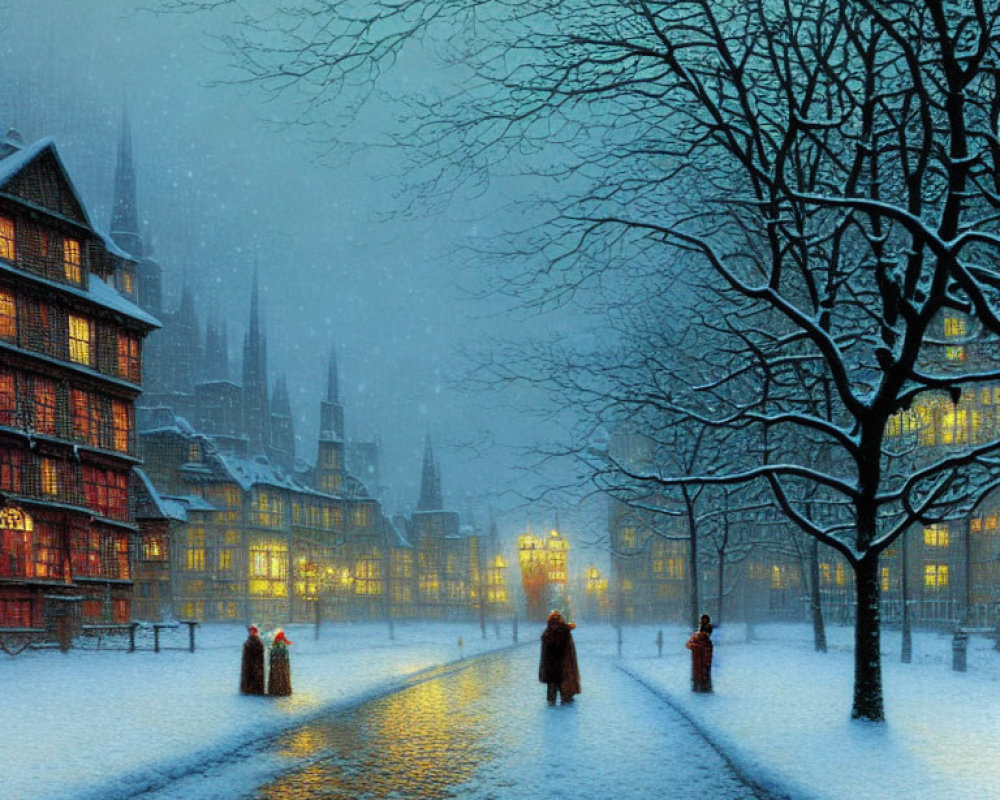 Snowy evening scene with people near illuminated old buildings, bare trees, and cobblestone path.