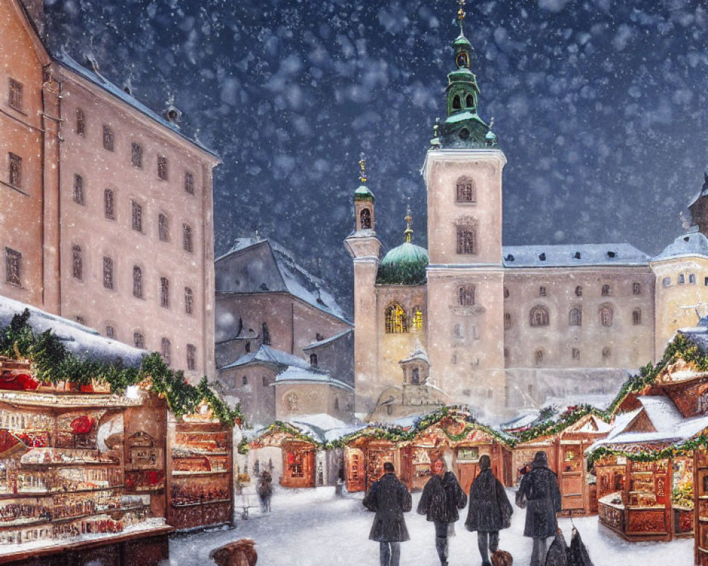 Snowy European Christmas Market with Festive Stalls, People, Dog, and Historic Buildings