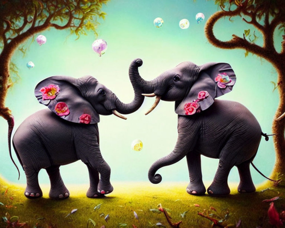 Cartoon elephants with floral patterns playfully touch trunks in whimsical scene