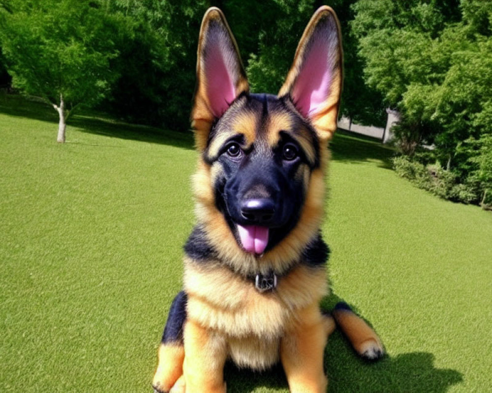 Alert German Shepherd Sitting on Green Grass