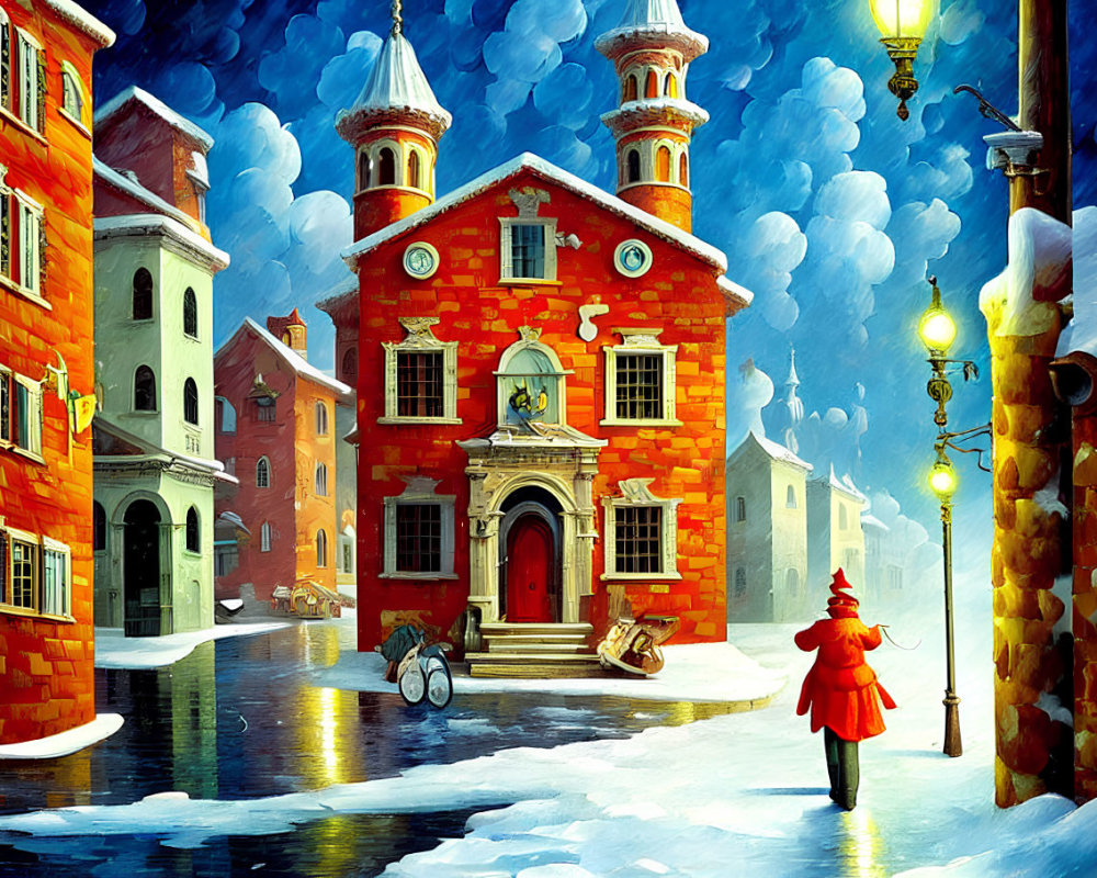 Snowy Night Street Scene: Person in Red Coat Passing Ornate Building