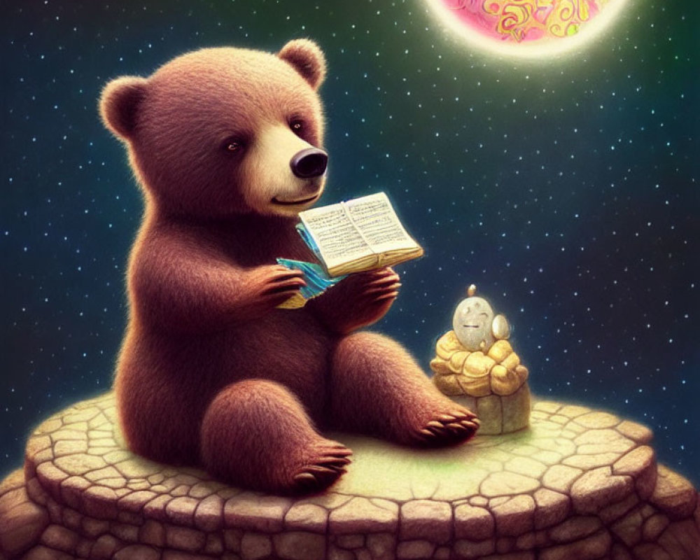 Anthropomorphic bear reading under starry sky with crescent moon