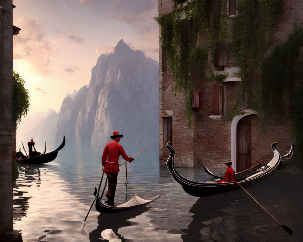 Gondoliers in red attire on serene canal with historic buildings and mountains at sunset