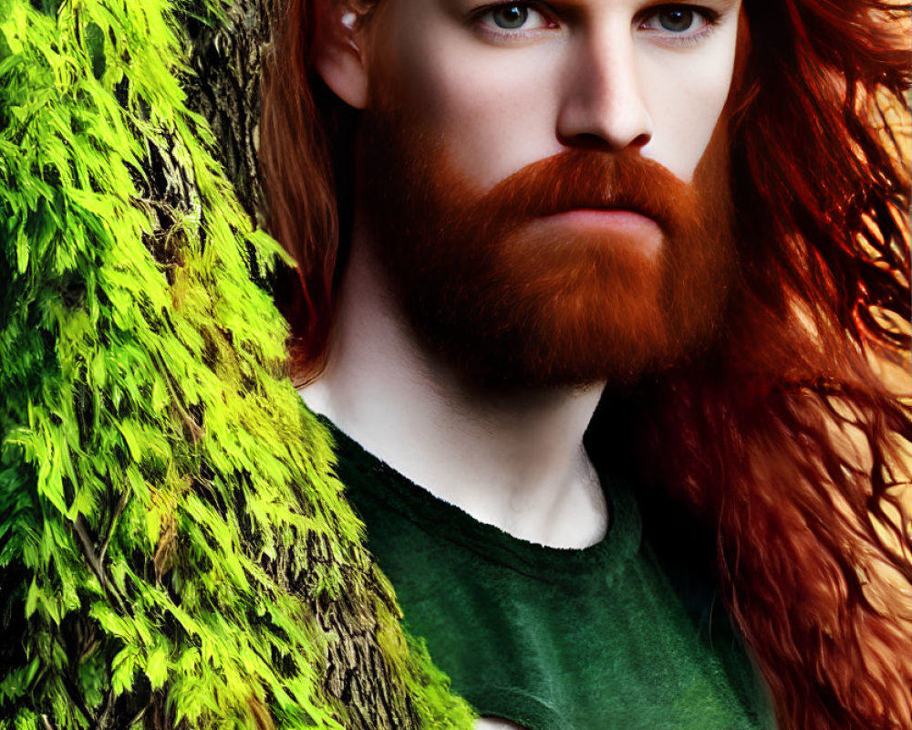 Man with Long Red Hair and Beard Leaning Against Tree in Green Shirt