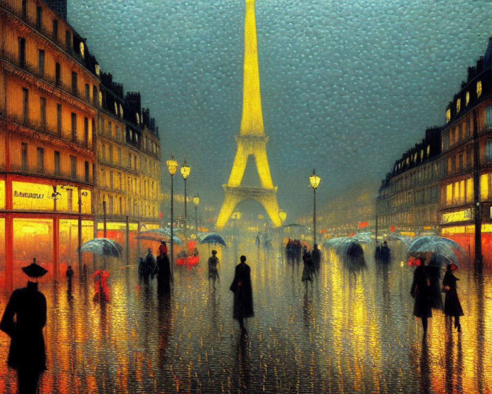 Rainy Evening in Paris: Impressionistic Scene with Umbrellas and Eiffel Tower