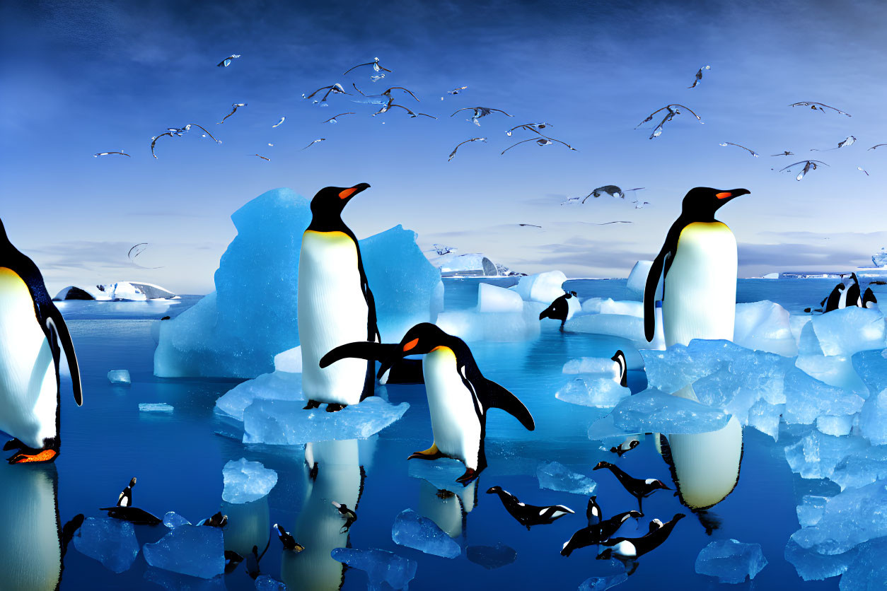 Penguins on Icebergs with Water Reflections and Blue Sky