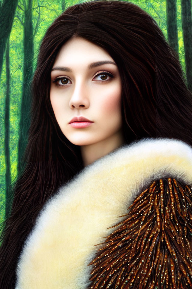 Portrait of woman with long dark hair in fur cloak against green forest