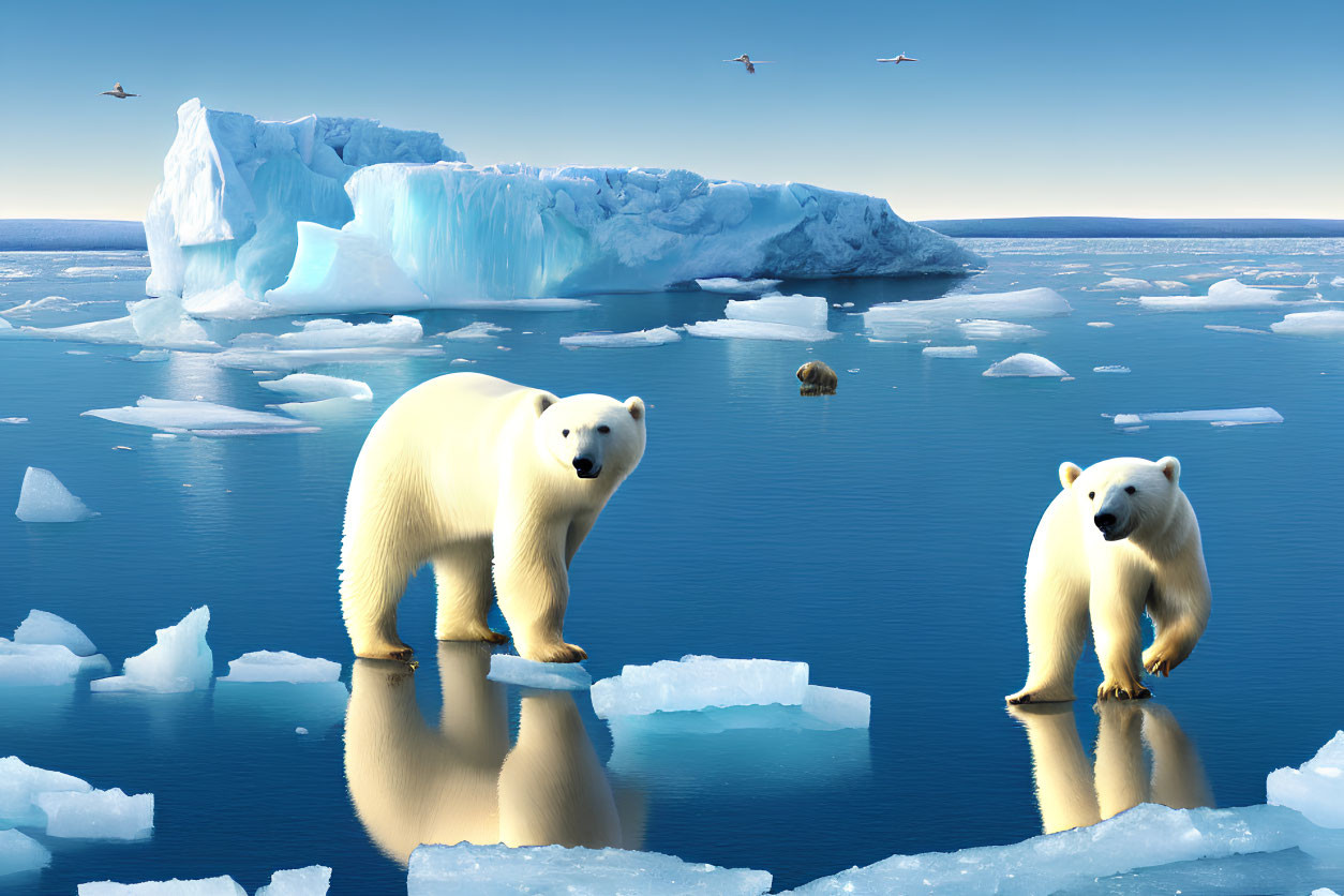 Polar bears on ice floes with iceberg under clear blue skies