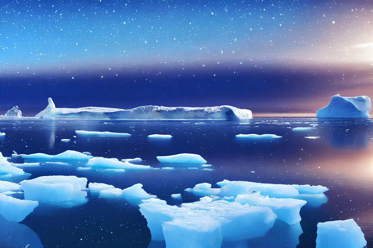 Arctic icebergs in calm waters under twilight sky