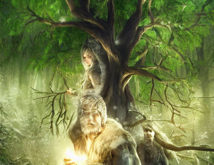 Enchanting forest scene with mystical beings and glowing tree