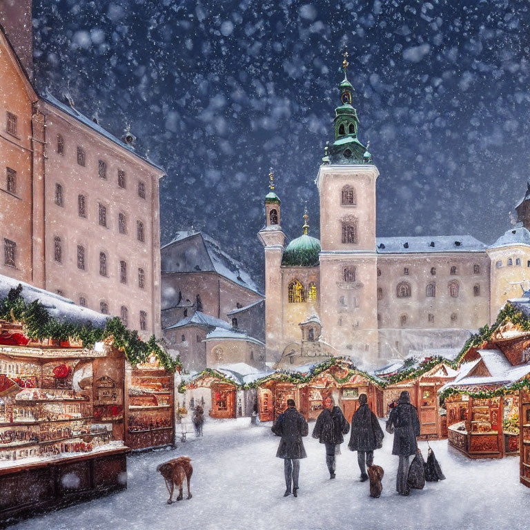 Snowy European Christmas Market with Festive Stalls, People, Dog, and Historic Buildings