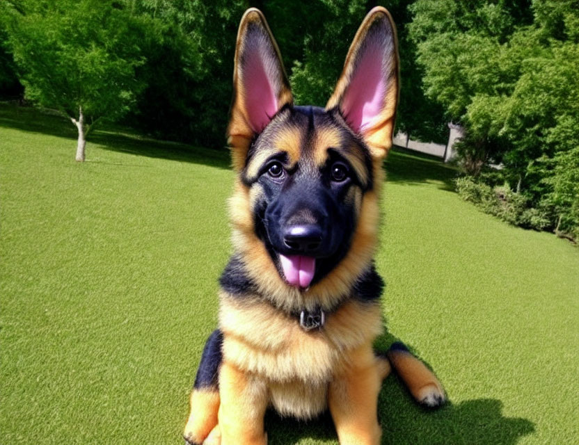 Alert German Shepherd Sitting on Green Grass