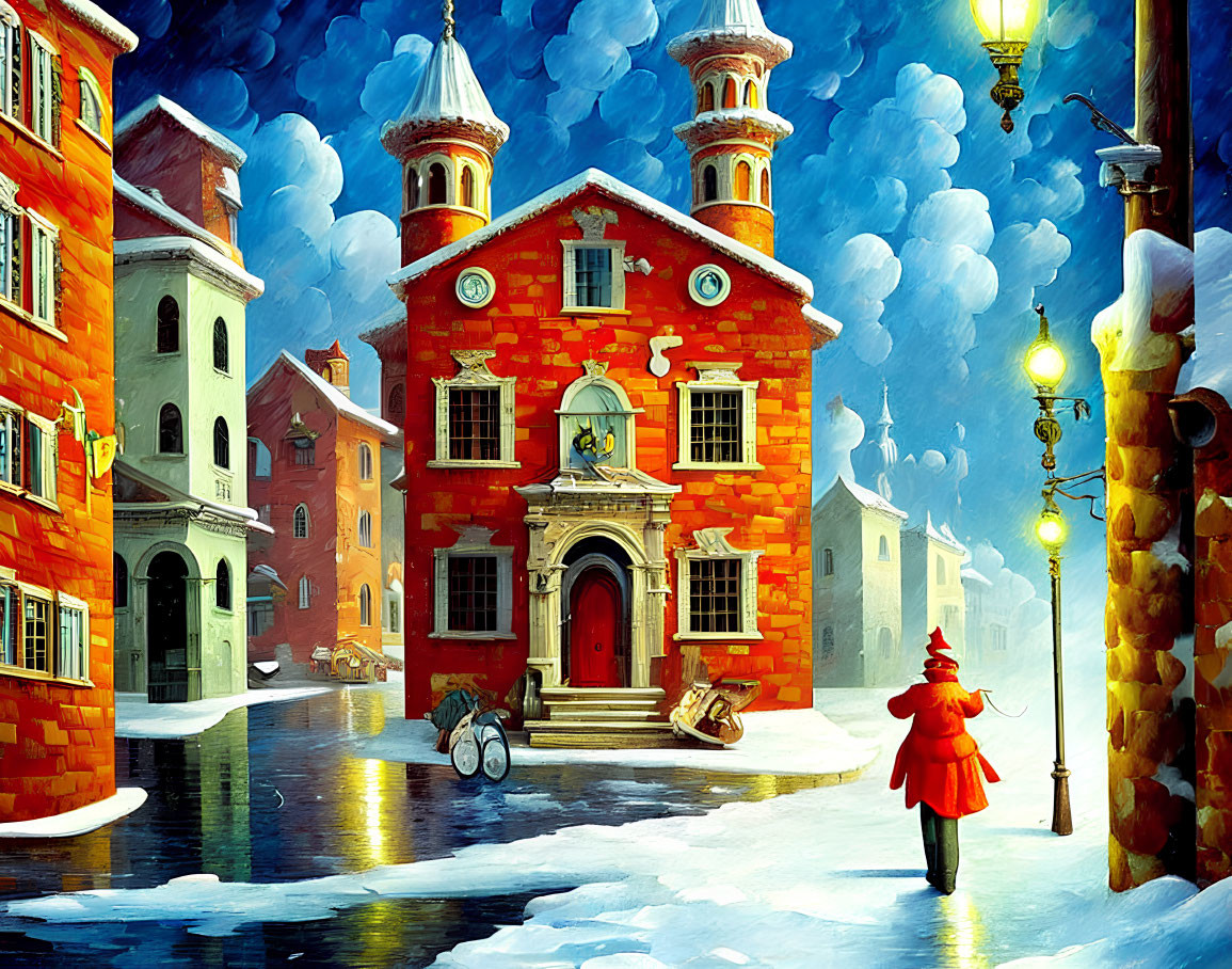 Snowy Night Street Scene: Person in Red Coat Passing Ornate Building