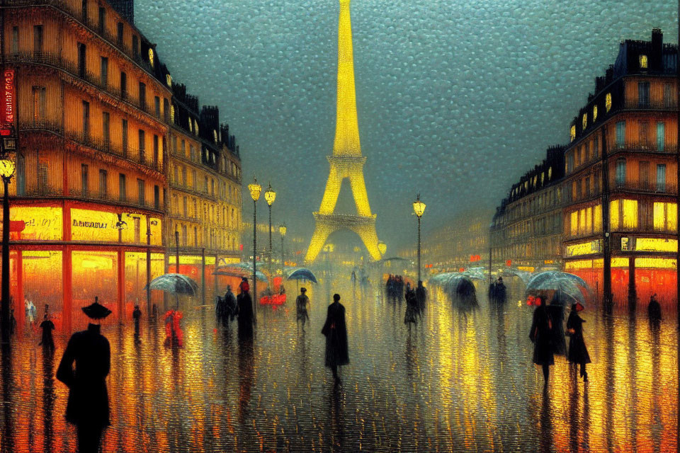 Rainy Evening in Paris: Impressionistic Scene with Umbrellas and Eiffel Tower