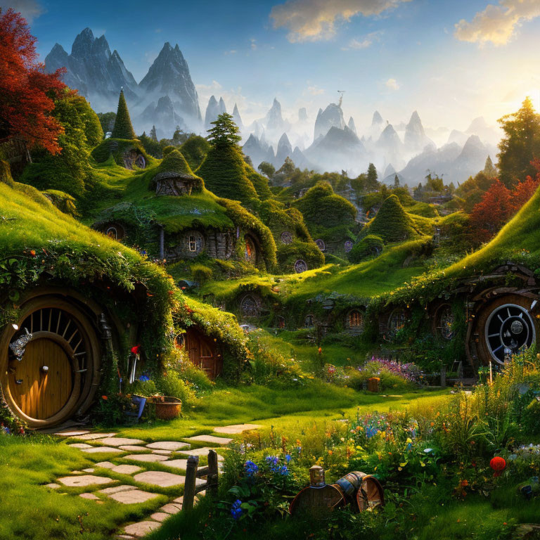 Fantasy landscape with hobbit-style homes in green hills