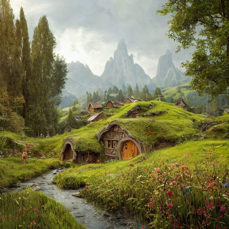 Lush Greenery and Hobbit-Style Houses in Pastoral Scene