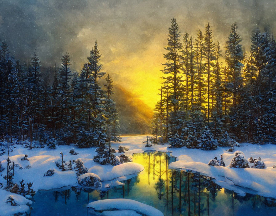 Snow-covered Winter Landscape with River and Evergreen Trees at Sunrise