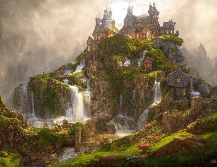 Fantasy village with cascading waterfalls and soft light