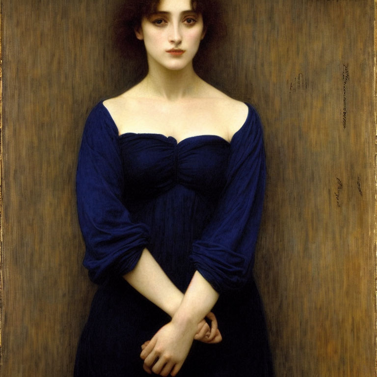 Portrait of young woman with pale skin and dark hair in off-shoulder blue dress