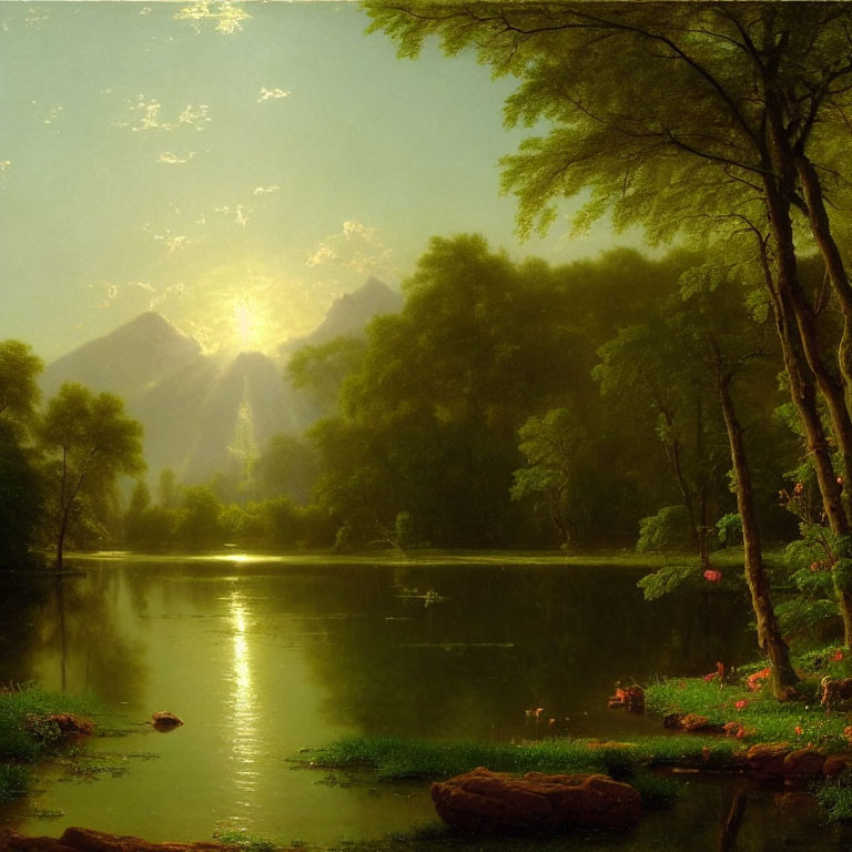 Tranquil lake with mountain peaks and trees reflecting in serene landscape