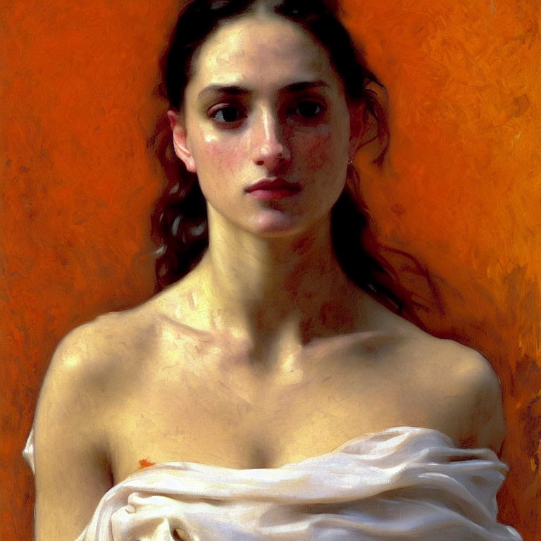 Portrait of contemplative woman with bare shoulders in white cloth against orange backdrop