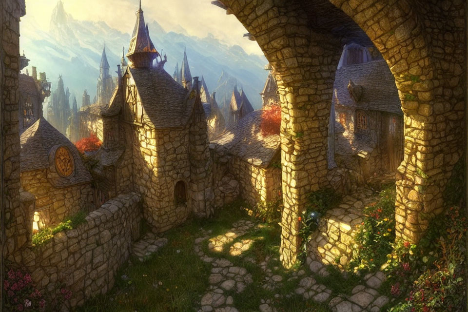 Medieval Fantasy Village with Stone Architecture and Mountain Backdrop