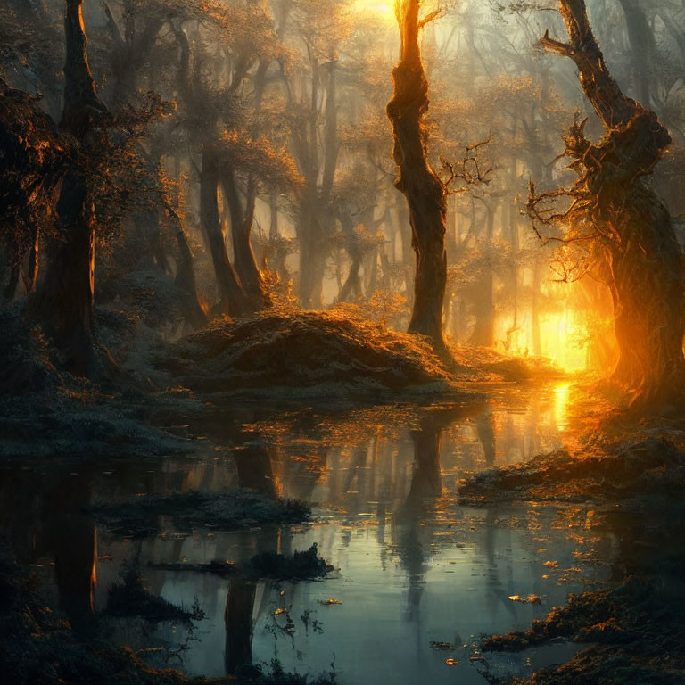 Misty forest sunset with golden light and tranquil stream