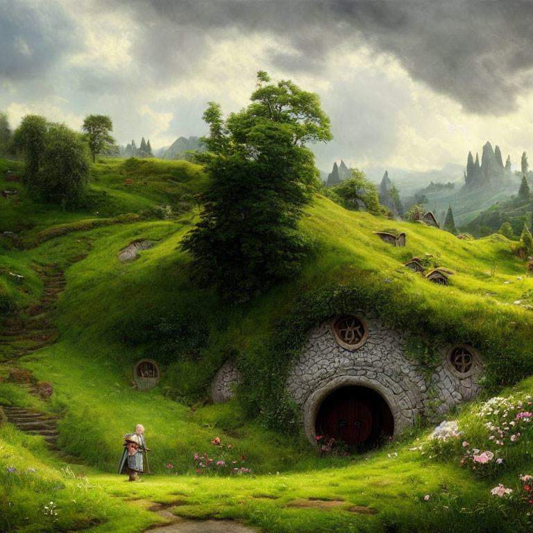 Green hillside with hobbit-holes, figure standing outside, misty mountains in the distance