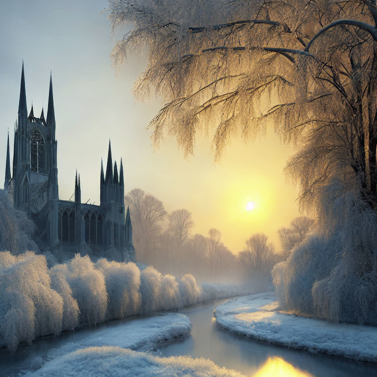 Snowy riverbank at sunrise with Gothic cathedral