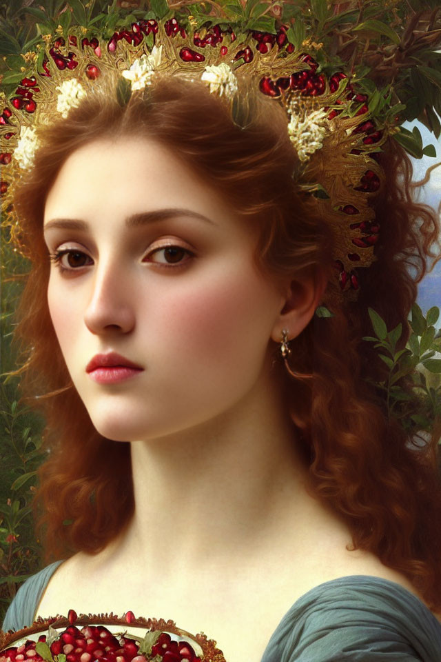 Portrait of woman with auburn hair, floral wreath, holding pomegranate against leaf