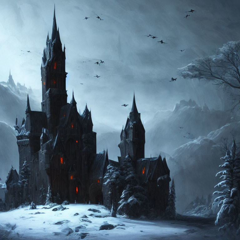 Ominous winter castle with bats and glowing windows